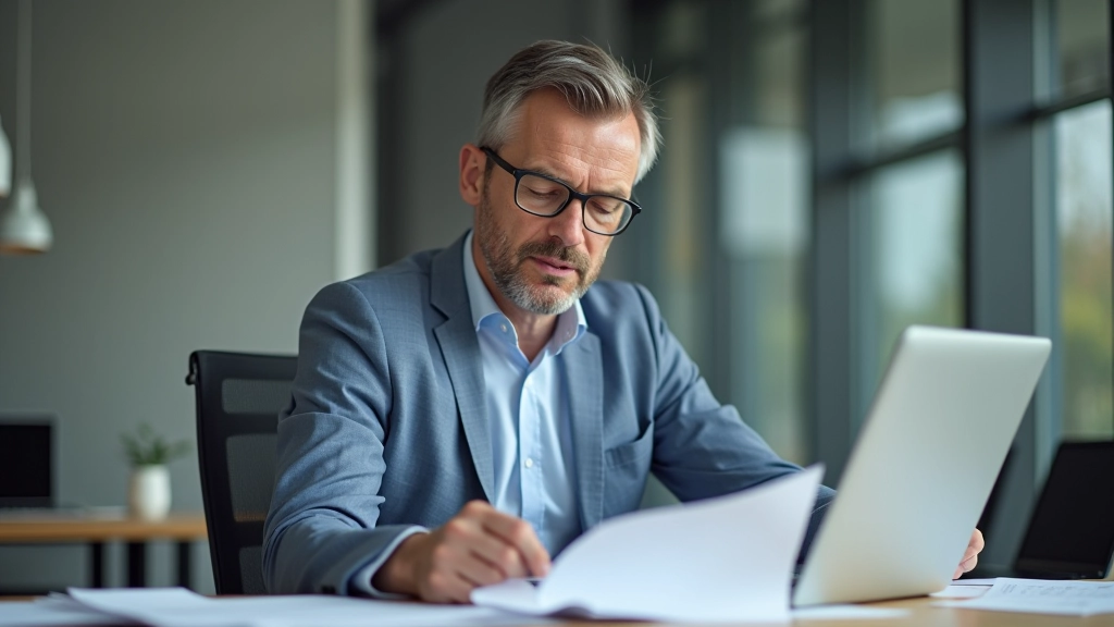 Muž středního věku v kanceláři, sedící u stolu s dokumenty a notebookem, studující podmínky doplňkového penzijního spoření