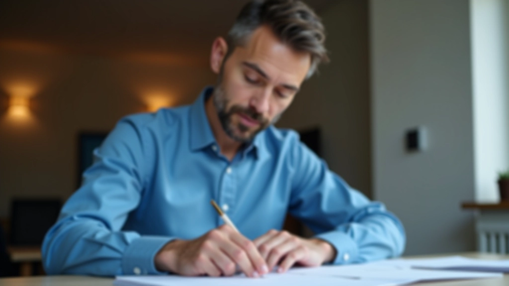 Soustředěný muž v brýlích studující daňový formulář se sklenicí vody na stole