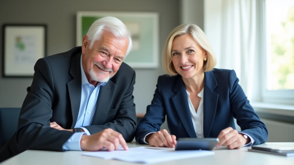 Profesionální fotografie starší dvojice v kanceláři s dokumenty a kalkulačkou, znázorňující dlouhodobé finanční plánování