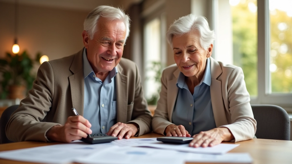 Starší manželský pár sedí u stolu s finančními dokumenty a kalkulačkou, plánují své penzijní úspory na budoucnost