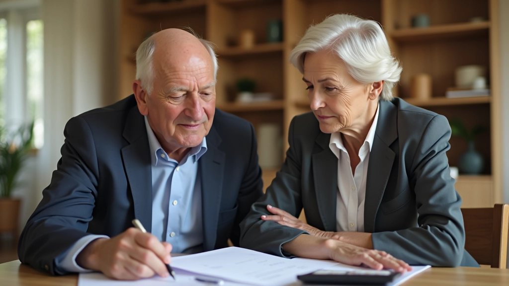 Starší pár sedící u stolu s dokumenty a kalkulačkou, plánující své penzijní úspory
