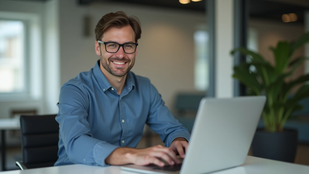 Osoba s notebookem sedí u stolu a provádí online registraci do penzijního fondu, usměvavá a soustředěná