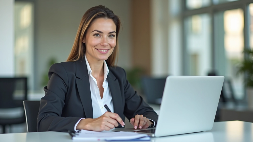 Žena středního věku pracující na laptopu v moderní kanceláři, studující finanční plán na obrazovce s grafy a čísly