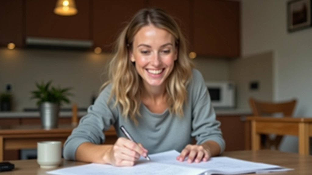 Žena středního věku v domácím prostředí, usmívající se při pohledu na výpisy účtů a výši úspor v penzijním fondu
